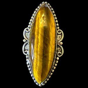 Genuine Tigers Eye Long Sterling Silver Overlay Ring Size 8